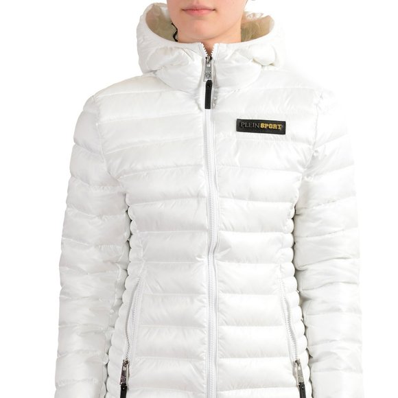 Plein Sport Women's White Hooded Logo Print Zip Up Parka Jacket S M L